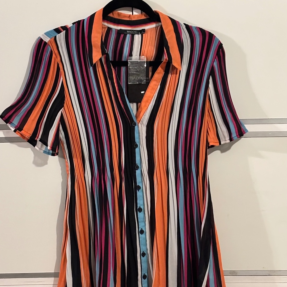 WADOS Short Sleeves Pleated Button Down Blouse Multi Color Large